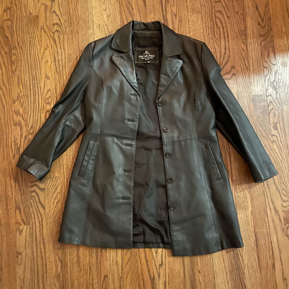 Vintage Oscar piel black leather coat size Medium